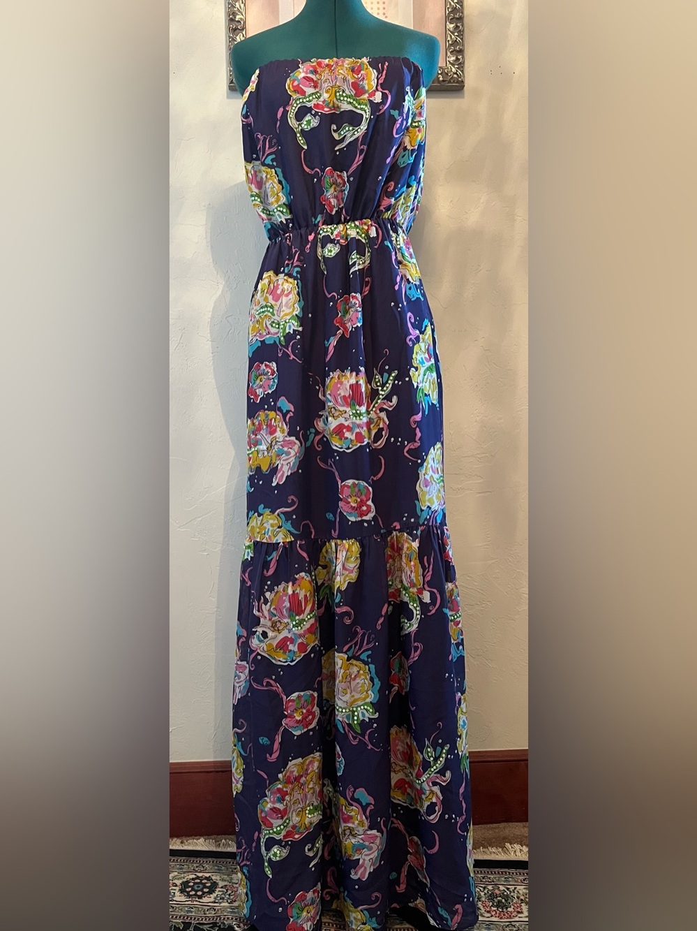 Lilly Pulitzer Bianca Blazing Siren Mermaid Print Sequin Strapless Maxi Dress, M
